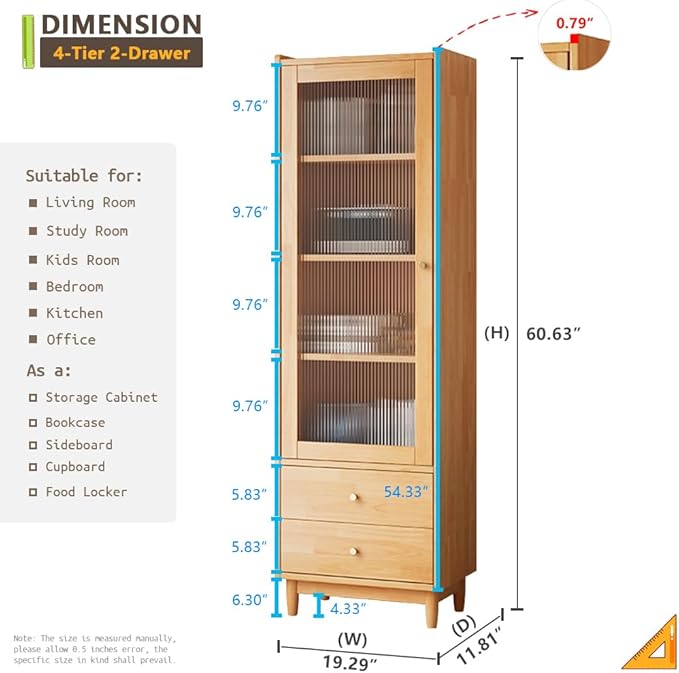 Wooden Glass Door Bookcase - 4-Tier Cube Bookshelf Storage Cabinet with Double Drawer and Adjustable Shelf, Solid Wood Legs Cupboard in Pear Yellow - LeafyLoom