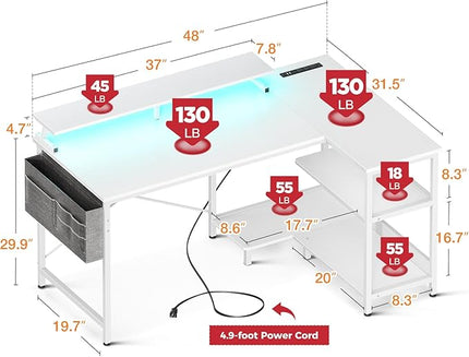 ODK 48 Inch Gaming Desk with USB Charging Ports and LED Lights, Reversible L Shaped Computer Desk with Storage Shelves & Monitor Stand, Corner Home Office Desk Table with Power Outlets, White - LeafyLoom
