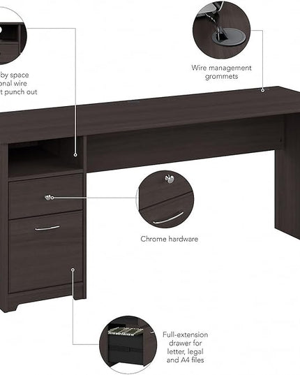 Bush Furniture Cabot Desks for Home Office with Storage and Chrome Hardware | Elegant Computer Table with Drawers, 72W, Heather Gray - LeafyLoom