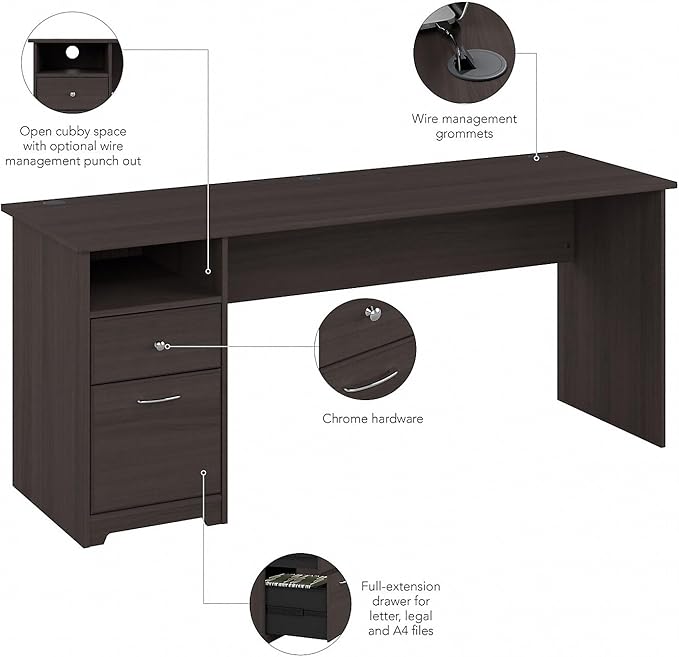 Bush Furniture Cabot Desks for Home Office with Storage and Chrome Hardware | Elegant Computer Table with Drawers, 72W, Heather Gray - LeafyLoom