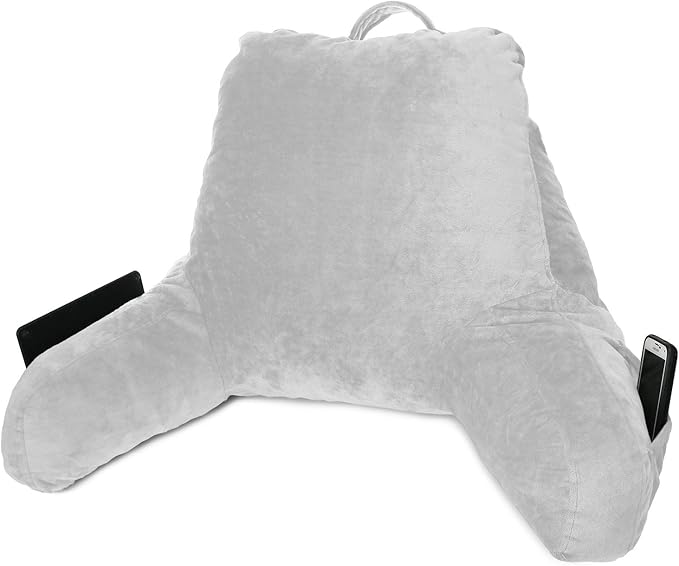 Clara Clark Reading Pillow for Kids, Small Back Pillow for Sitting Up in Bed, Memory Foam Back Support Pillow, Reading Pillows for Sitting in Bed, Light Grey Gaming Pillow with Arms and Pockets - LeafyLoom