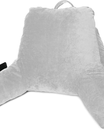 Clara Clark Reading Pillow, Standard Back Pillow for Sitting Up in Bed, Memory Foam Back Support Pillow, Reading Pillows for Sitting in Bed, Light Grey Sit Up Pillow for Bed, Arm Pillow with Pockets - LeafyLoom
