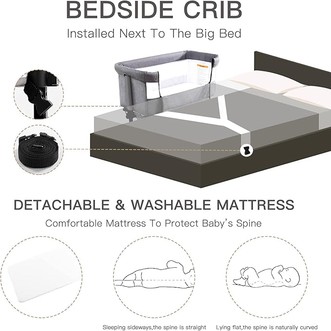 Baby Crib,3 in 1 Baby Bassinet Bedside Crib Adjustable Portable Bed for Infant,Baby Newborn Must Have Bed,Grey - LeafyLoom