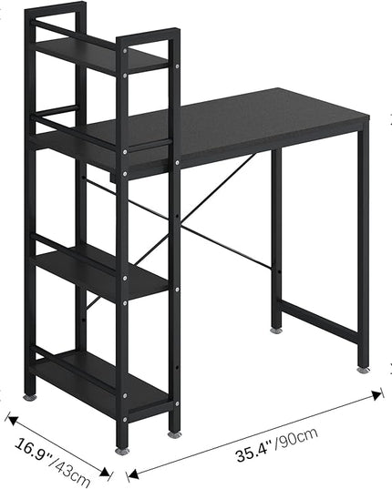 4NM 35" Small Computer Desk with 4-Tier Bookshelf, Home Office Desk Writing Workstation Study Table Multipurpose for Small Space Work - All Black - LeafyLoom