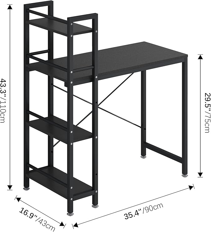 4NM 35" Small Computer Desk with 4-Tier Bookshelf, Home Office Desk Writing Workstation Study Table Multipurpose for Small Space Work - All Black - LeafyLoom