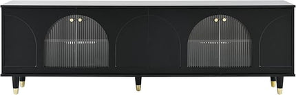 Merax Contemporary TV Stand with Adjustable Shelves, Gold Handles and Arch Fluted Glass Doors for Televisions Up to 78'', Stylish Media Console, Delicate Entertainment Center for Living Room, Black - LeafyLoom