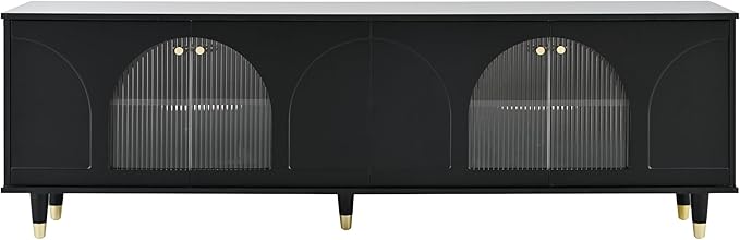 Merax Contemporary TV Stand with Adjustable Shelves, Gold Handles and Arch Fluted Glass Doors for Televisions Up to 78'', Stylish Media Console, Delicate Entertainment Center for Living Room, Black - LeafyLoom