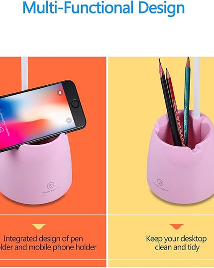 Small Desk Lamp, Kids Desk Lamp with Pen Holder & Mobile Phone Stand, 3 Lighting Modes for Reading Kids Dorm& Mobile Phone Stand for Reading Dorm Home Office(Pink) - LeafyLoom