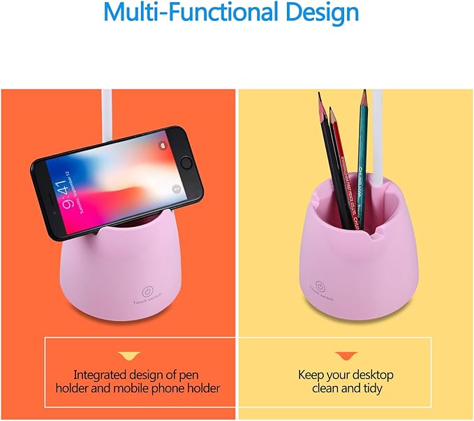 Small Desk Lamp, Kids Desk Lamp with Pen Holder & Mobile Phone Stand, 3 Lighting Modes for Reading Kids Dorm& Mobile Phone Stand for Reading Dorm Home Office(Pink) - LeafyLoom