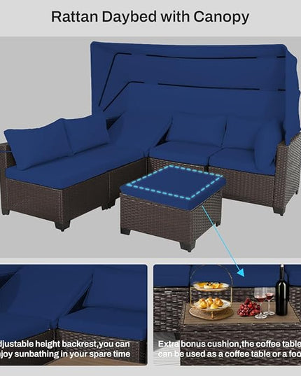 6 PCS Outdoor Patio Furniture Set,Sectional Sofa Set,Rattan Daybed with Retractable Canopy,Adjustable Backrest,Storage Coffee Table,Chaise Chair Sunbed for Garden Poolside Backyard(Dark Blue) - LeafyLoom