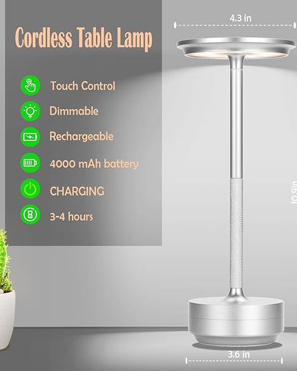 Cordless Table Lamp,Rechargeable Table Lamp for Dinning，Restaurant,Nightstand，LED Battery Operated 3-Level Dimming Portable Outdoor Cordless Lamp,Touch Eye Protection Night Light (Silver)… - LeafyLoom