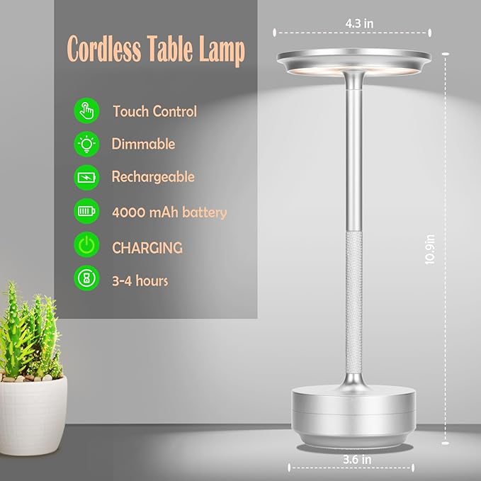 Cordless Table Lamp,Rechargeable Table Lamp for Dinning，Restaurant,Nightstand，LED Battery Operated 3-Level Dimming Portable Outdoor Cordless Lamp,Touch Eye Protection Night Light (Silver)… - LeafyLoom