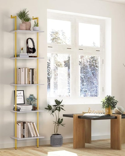 Nidouillet 5 Tier Ladder Shelf, 70-Inch Wall Mounted Bookshelf Metal Frame Storage Rack and Industrial Display Shelves for Living Room Bedroom Home Office - White - LeafyLoom