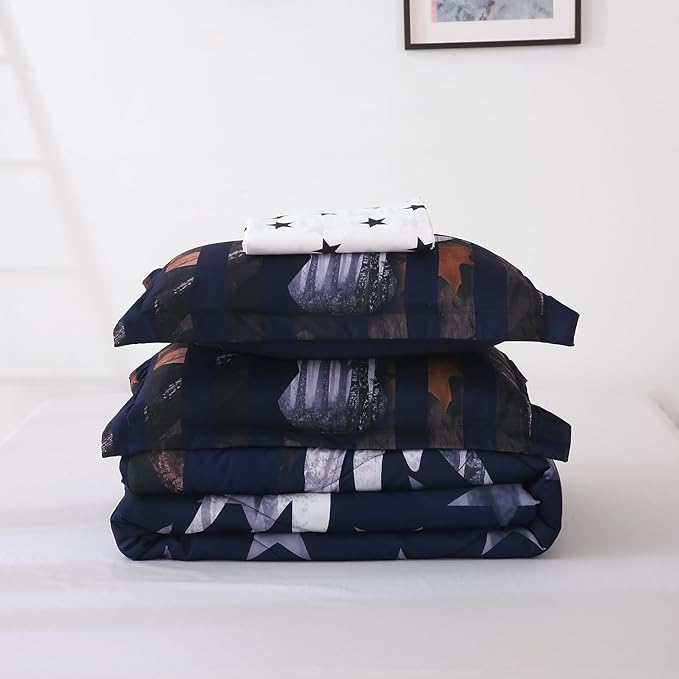 Boys Camo Deer Bedding Set Queen Size 7 Piece Bed in A Bag Camouflage American Flag Comforter Set for Kids Teens Men Super Soft All Season - LeafyLoom