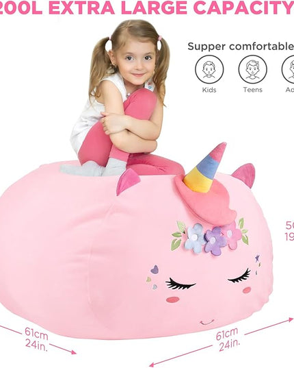 GAGAKU Stuffed Animal Bean Bag Cover Toy Storage, 24 Inches Kids Bean Bag Chair Cover ONLY Pink Unicorn Large Zipper Bean Bag for Organizing Kids Plush Toys Home Supplies (Cover Only) - LeafyLoom