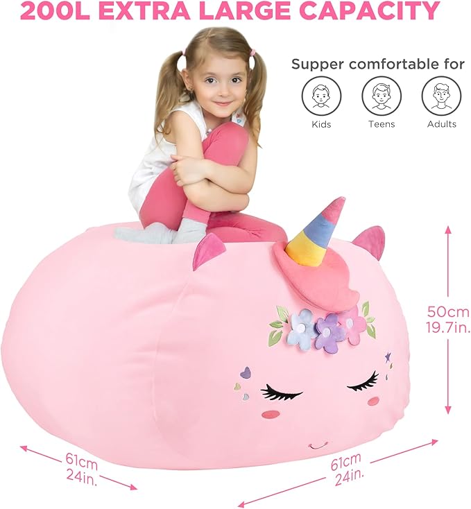 GAGAKU Stuffed Animal Bean Bag Cover Toy Storage, 24 Inches Kids Bean Bag Chair Cover ONLY Pink Unicorn Large Zipper Bean Bag for Organizing Kids Plush Toys Home Supplies (Cover Only) - LeafyLoom