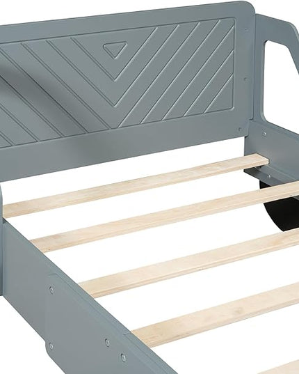 Twin Size Car-Shaped Bed Frame for Kids,Wooden Platform Bed with Wheels and Side Rails for for Boys Girls,Wood Slat Supports,No Box Spring Needed,Gray - LeafyLoom