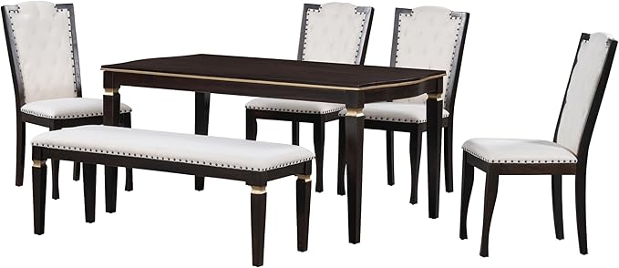 NicBex Dining Room Table Set for 6 Kitchen Table and Chairs 62.7" Rectangular Table and 4 High-Back Tufted Chairs & 1 Bench for Dining Room and Kitchen, Espresso - LeafyLoom