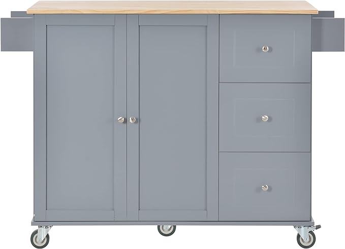 53" W Mobile Kitchen Island with Drop Leaf, Locking Wheels and Solid Wood Tabletop, Kitchen-cart w/Storage Cabinet &3 Drawers, for Dining Room, Coffee Bar Service - LeafyLoom