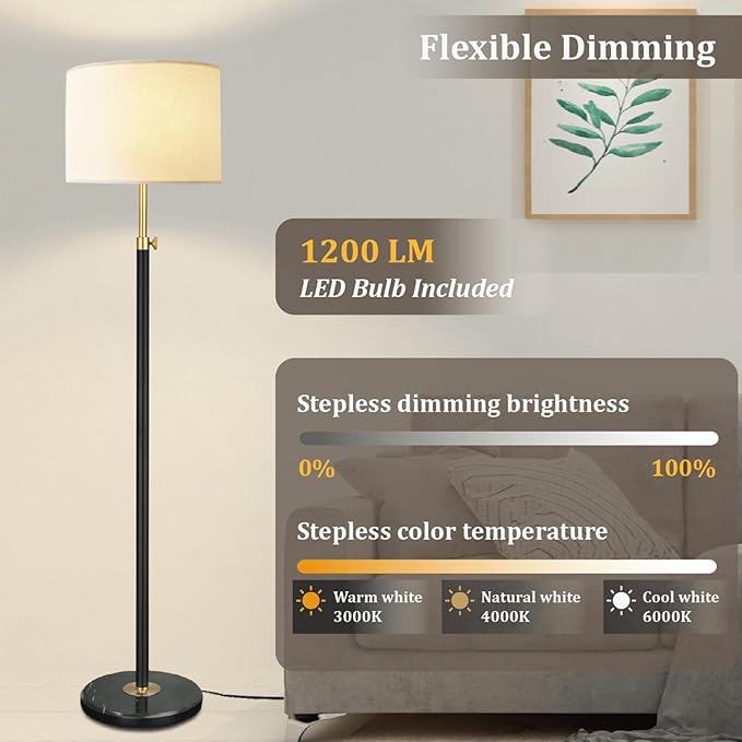 Black Gold Floor Lamps for Living Room with Remote Control, Marble Base 1200 Lumens 15W Adjustable Height Modern Floor Lamp Tall Lamp for Bedroom, Smart Control Alexa & Google Assistance Compatible - LeafyLoom