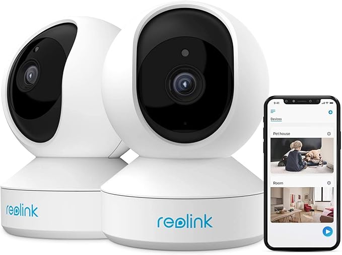 REOLINK Home Security Camera System, 3MP HD Plug-in Indoor WiFi Pan Tilt Pet Camera, Baby Monitor, Night Vision, 2 Way Talk, Smart Human/Pet Detection, Local microSD Card Storage, E1(2 Pack) REOLINK