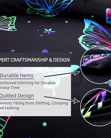 Btargot 3 Piece Butterfly Pattern Girls Comforter Set with 2 Pillow Covers, Gradient Line Rainbow Printed Bedding Set for Women, Queen Black - LeafyLoom