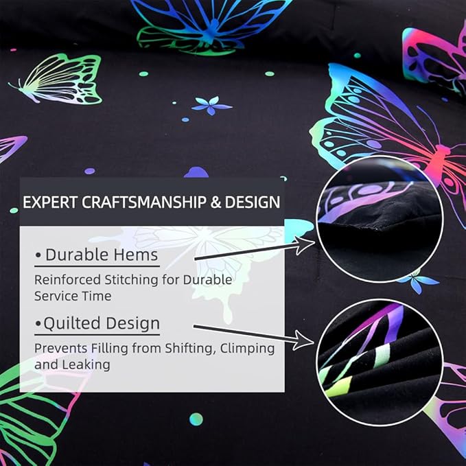 Btargot 3 Piece Butterfly Pattern Girls Comforter Set with 2 Pillow Covers, Gradient Line Rainbow Printed Bedding Set for Women, Queen Black - LeafyLoom