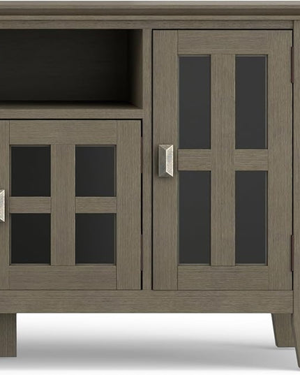 SIMPLIHOME Artisan Solid Wood 72 inch Wide Contemporary TV Media Stand in Farmhouse Grey for TVs up to 80 inches - LeafyLoom