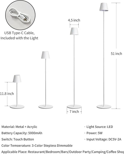 KDG Modern Cordless Floor Lamp, Portable LED Corner Stand Lamp, 5000mAh Battery Operated, Stepless Dimmable Adjustable Height lighting for Living room, Bedroom, Outdoor, Office, Night Light(White) - LeafyLoom