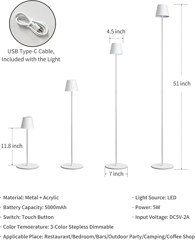 KDG Modern Cordless Floor Lamp, Portable LED Corner Stand Lamp, 5000mAh Battery Operated, Stepless Dimmable Adjustable Height lighting for Living room, Bedroom, Outdoor, Office, Night Light(White) - LeafyLoom