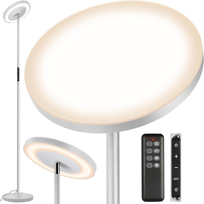 OUTON LED Torchiere Floor Lamp, Super Bright Dimmable Tall Standing Lamp with Remote Touch Control, 4 Color Temperatures, 1-Hour Timer for Living Room, Bedroom, Office (Light Grey) - LeafyLoom
