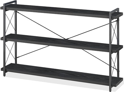 HCHQHS Bookshelf, 3-Tier Long Industrial Bookcase, Black Open Book Shelf, Freestanding Horizontal Bookshelves with Metal Frame - LeafyLoom