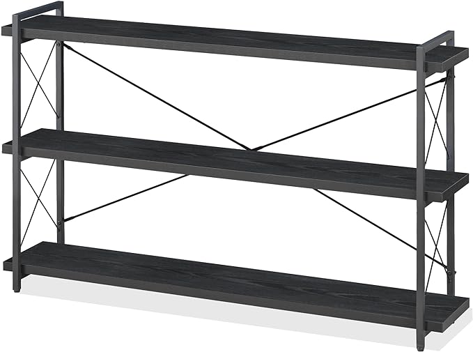 HCHQHS Bookshelf, 3-Tier Long Industrial Bookcase, Black Open Book Shelf, Freestanding Horizontal Bookshelves with Metal Frame - LeafyLoom