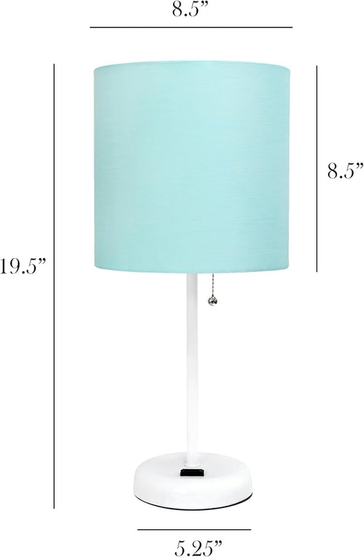 Simple Designs LT1144-AOW Sleek and Slender White Table Lamp with Charging Outlet, for Bedroom, Living Room, Entryway, Office, Dining Room, Study, Aqua Shade - LeafyLoom