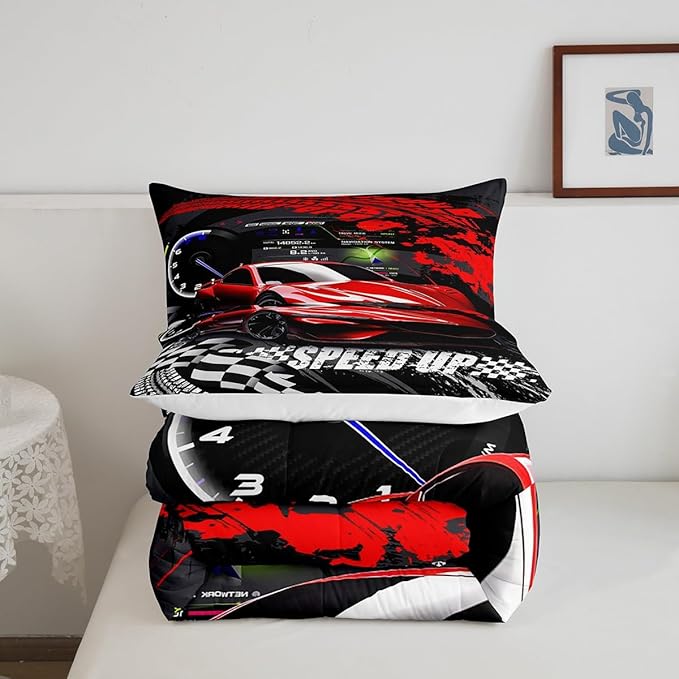 Feelyou Kids Boys Girls Red Race Car Comforter Set Queen Size, Sports Car Comforter Comforter Set for Teens Toddler Race Car Bedding Set Racing car Duvet Set Bed Set Room Decor Bedding Collection - LeafyLoom