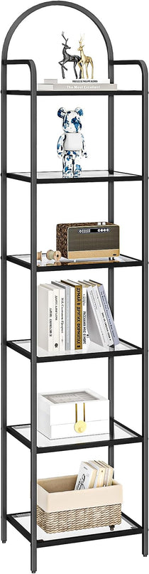 Bookcase Bookshelf, Tempered Glass Bookshelves, Slim Shelving Unit for Bedroom, Bathroom, Home Office, Steel Frame, 6 Tier Black BC10601B - LeafyLoom