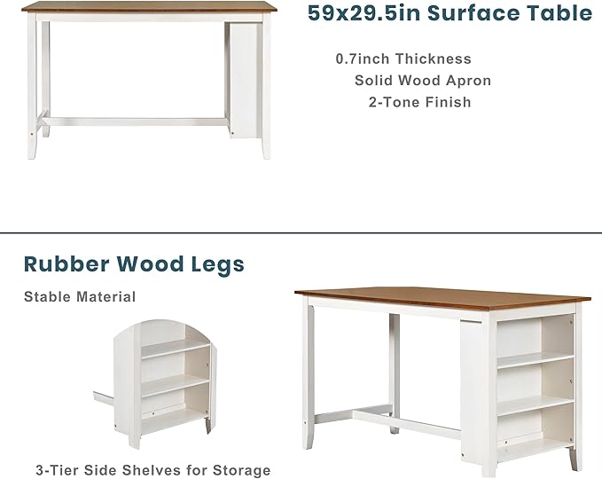 Farmhouse Style Counter Height Rustic wit 4 Chairs, Long-Lasting Solid Rubber Wooden Bar, Easy Assembly, Room, Kitchen, 5 Piece Dining Table Set, White 20 - LeafyLoom