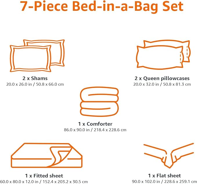 Amazon Basics Lightweight Microfiber Bed-in-a-Bag Comforter 7-Piece Bedding Set, Full/Queen, Navy with Grey Plaid - LeafyLoom