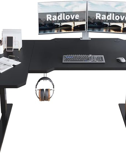 Radlove 59-Inch Large Electric Height Adjustable Computer L-Shaped Desk with Memory Controller Corner Standing Desk Modern Workstation with Splice Board Game Ergonomic Desk (Black Frame + Black Top) - LeafyLoom