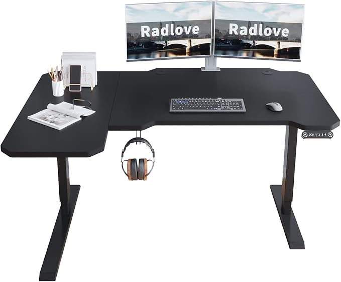 Radlove 59-Inch Large Electric Height Adjustable Computer L-Shaped Desk with Memory Controller Corner Standing Desk Modern Workstation with Splice Board Game Ergonomic Desk (Black Frame + Black Top) - LeafyLoom
