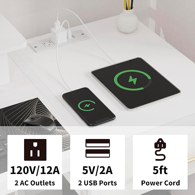 Small Computer Desk with Drawers, 40 inch Gaming Desk with Led Lights and Power Outlets,Reversible Home Office Desk with Storage, White - LeafyLoom