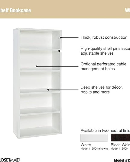 ClosetMaid Bookshelf with 5 Shelf Tiers, Adjustable Shelves, Tall Bookcase Sturdy Wood with Closed Back Panel, White Finish - LeafyLoom