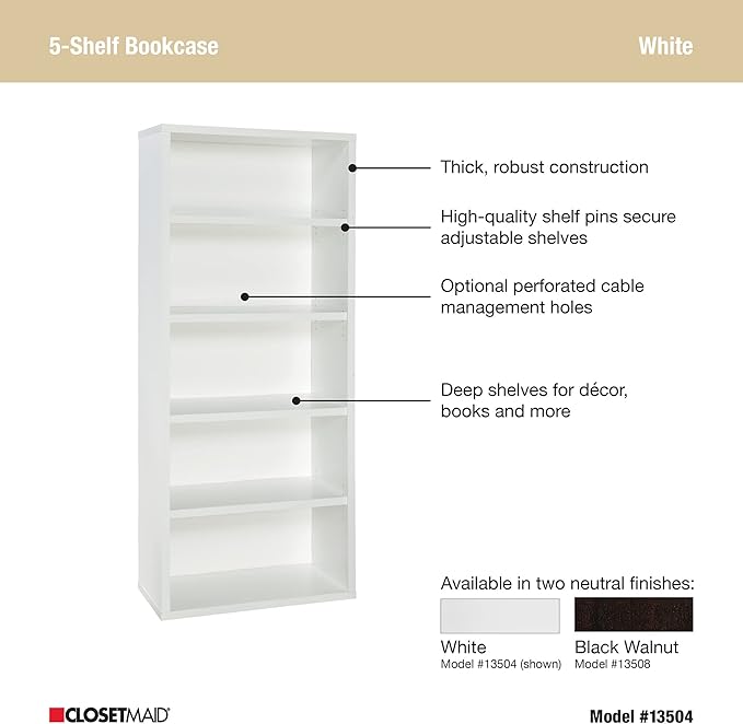 ClosetMaid Bookshelf with 5 Shelf Tiers, Adjustable Shelves, Tall Bookcase Sturdy Wood with Closed Back Panel, White Finish - LeafyLoom