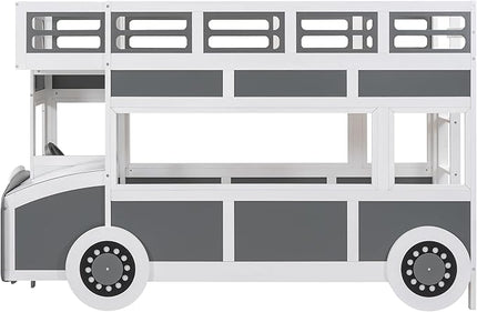 Twin over Twin Bus-shaped Bunk Bed with Wheels,Kids Car-Shaped Bedframe W/Storage,Space Saving,No Box Spring Needed,Wood Toy Bedroom Furniture for Boys Toddlers Teens Child,Gray+White - LeafyLoom