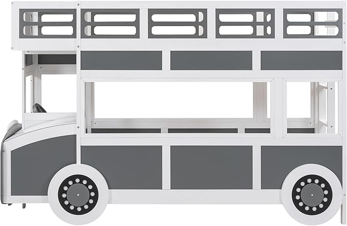 Twin over Twin Bus-shaped Bunk Bed with Wheels,Kids Car-Shaped Bedframe W/Storage,Space Saving,No Box Spring Needed,Wood Toy Bedroom Furniture for Boys Toddlers Teens Child,Gray+White - LeafyLoom