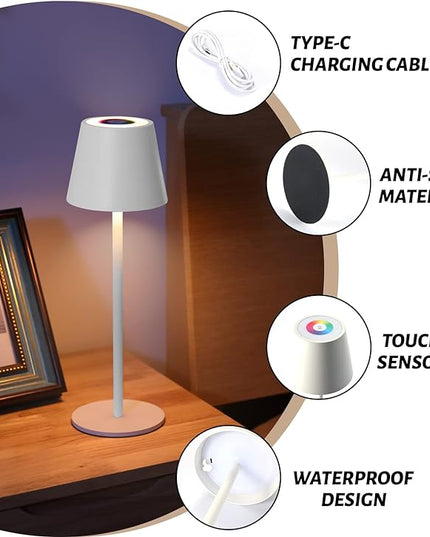 Maksone 2 pack RGB Cordless Table Lamp, 6600mWh Rechargeable Battery Desk Lamp, 3000K Stepless Dimming and Led Color Changing Night Light, IP54 Waterproof Outdoor Portable Lamp for Patio (White) - LeafyLoom