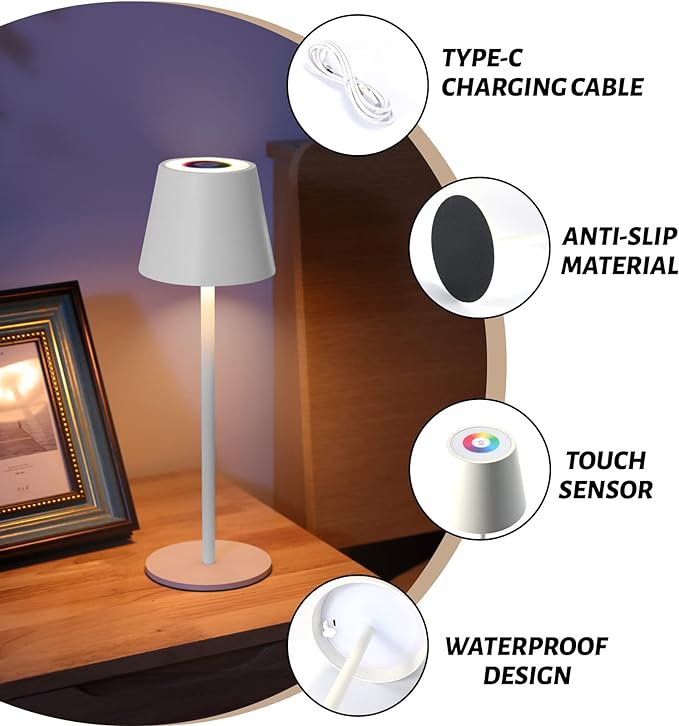 Maksone 2 pack RGB Cordless Table Lamp, 6600mWh Rechargeable Battery Desk Lamp, 3000K Stepless Dimming and Led Color Changing Night Light, IP54 Waterproof Outdoor Portable Lamp for Patio (White) - LeafyLoom