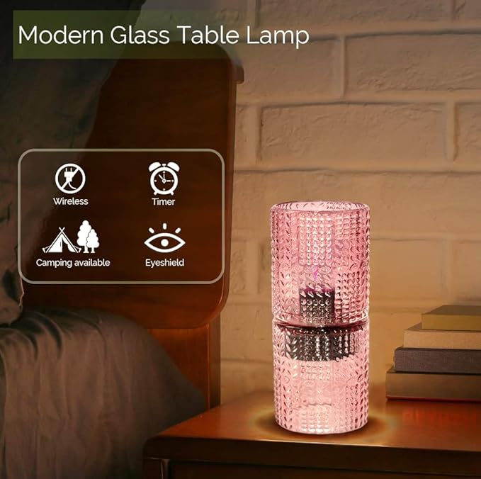 Battery Operated Lamp with Timer, Glass Cordless Lamps Beside Table Light,Small Lamp with for Home Decorative Living Corner Bedroom - LeafyLoom