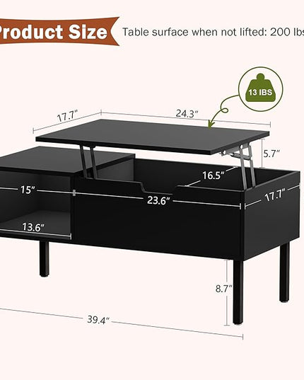 Lift Top Coffee Table with Storage, Black Modern Coffee Table for Living Room & Small Space, Wood Lifting Top Coffee Table with Adjustable Metal Legs - LeafyLoom