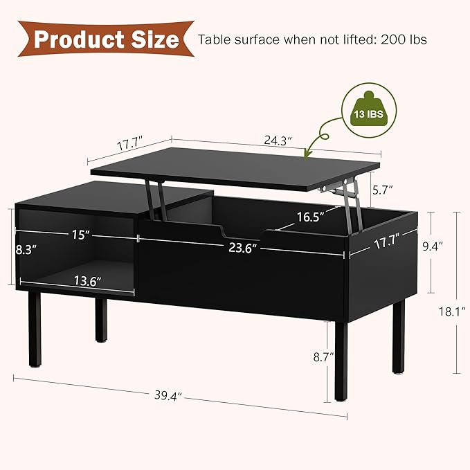 Lift Top Coffee Table with Storage, Black Modern Coffee Table for Living Room & Small Space, Wood Lifting Top Coffee Table with Adjustable Metal Legs - LeafyLoom